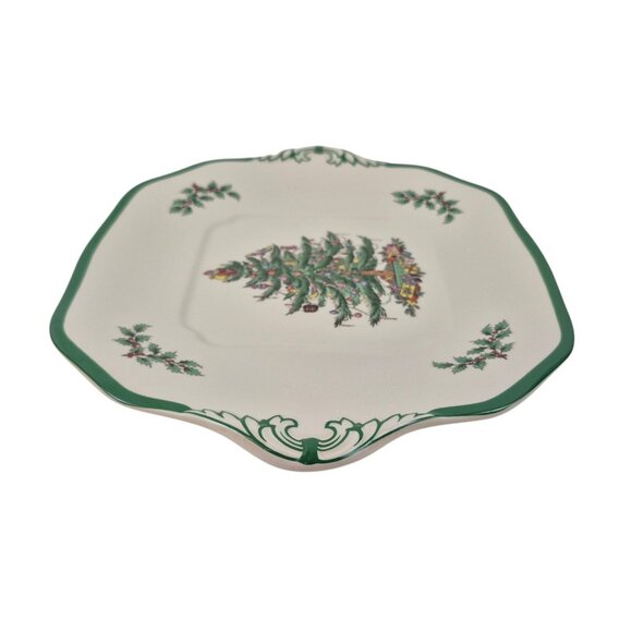 Spode Christmas Tree Handled Cake Plate S3324 R England Green Trim Indent - Picture 6 of 10